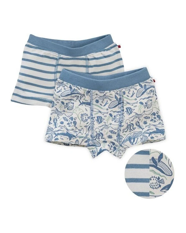 People Wear Organic 2er-Pack Boxershorts, Set "Unterwasserwelt", weiß-blau geringelt und bedruckt, aus Bio-Baumwolle