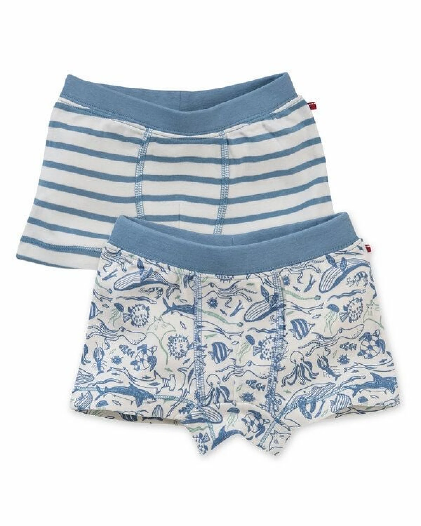 People Wear Organic 2er-Pack Boxershorts, Set "Unterwasserwelt", weiß-blau geringelt und bedruckt, aus Bio-Baumwolle – Ansicht 2