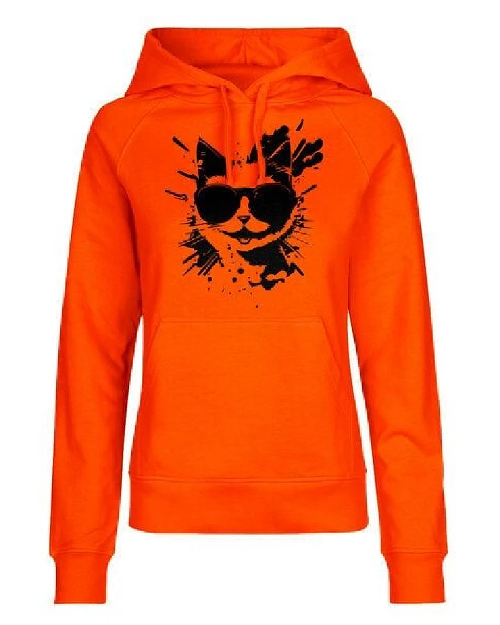 HANDGEDRUCKT "Cool Cat" Frauen HOODY aus reiner Biobaumwolle (kbA)