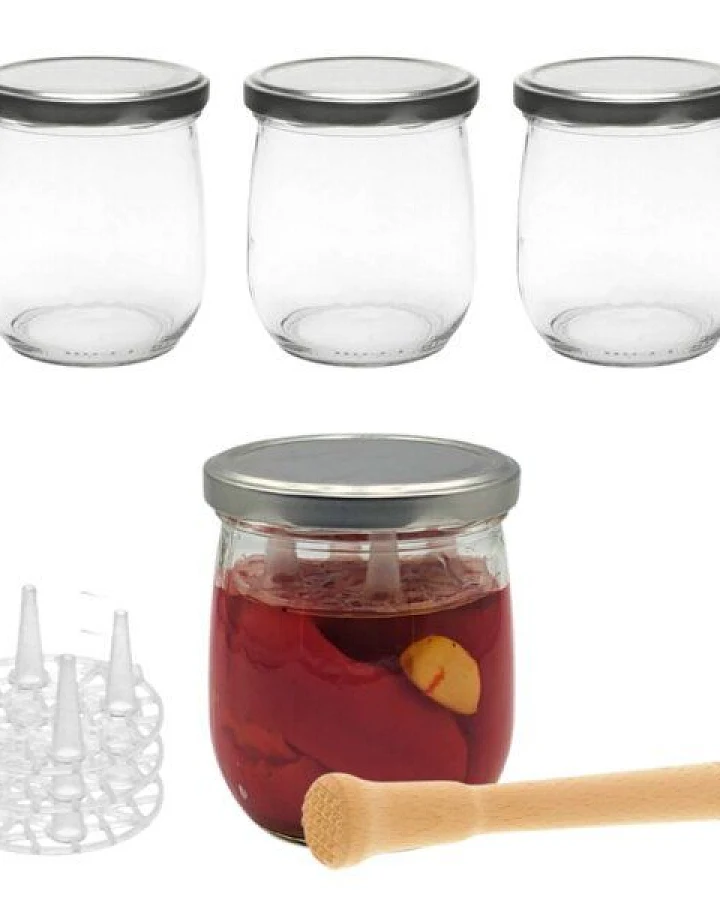 mikken Fermentier Set - 4 Einmachgläser 415 ml mit Fermentier Gitter, Holzstößel und Deckel (PVC-frei)