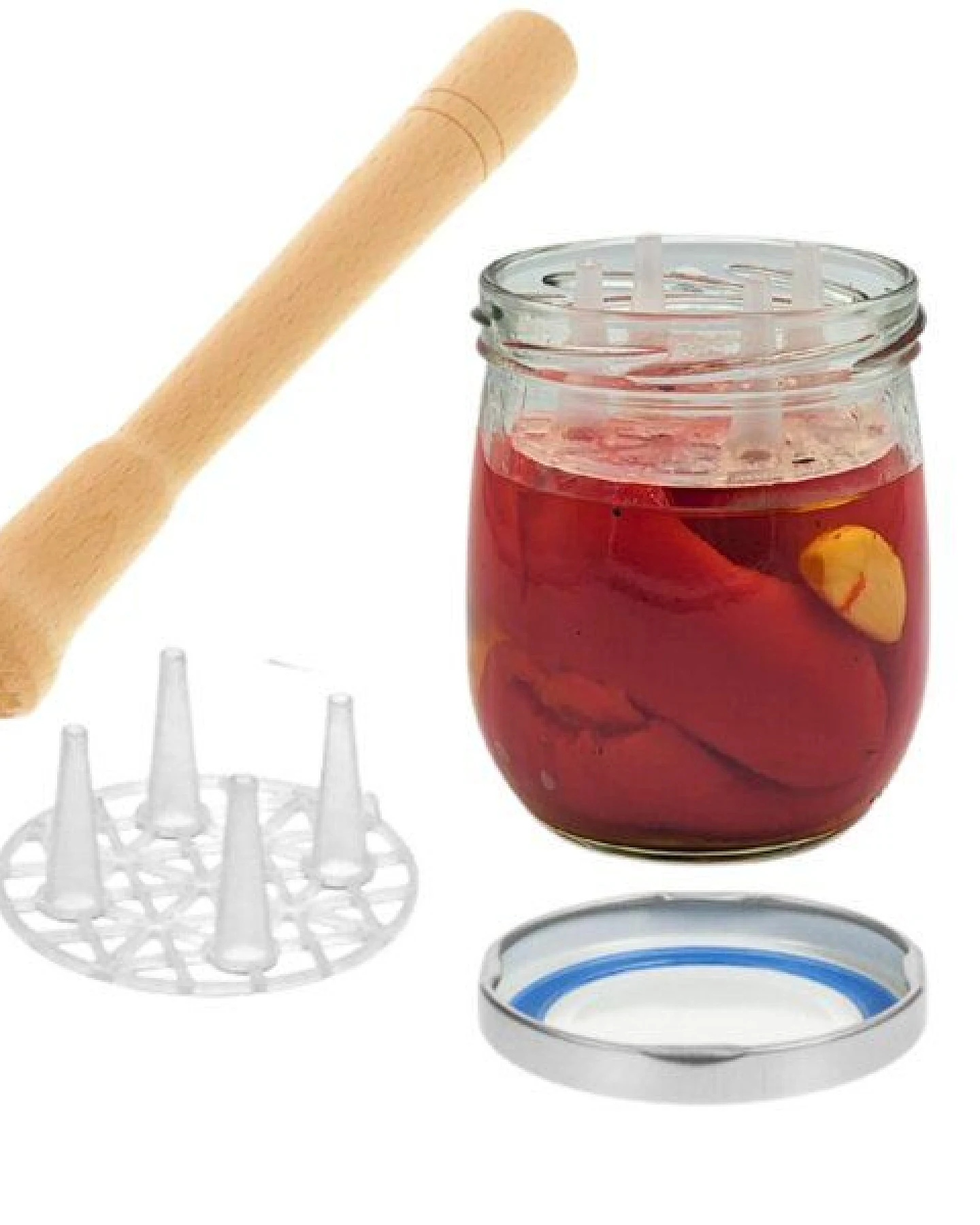 mikken Fermentier Set - 4 Einmachgläser 415 ml mit Fermentier Gitter, Holzstößel und Deckel (PVC-frei) – Ansicht 3