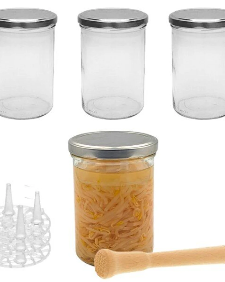 mikken Fermentier Set - 4 x Fermentierglas mit Fermentier Gitter, Holzstößel und Deckel PVC-frei