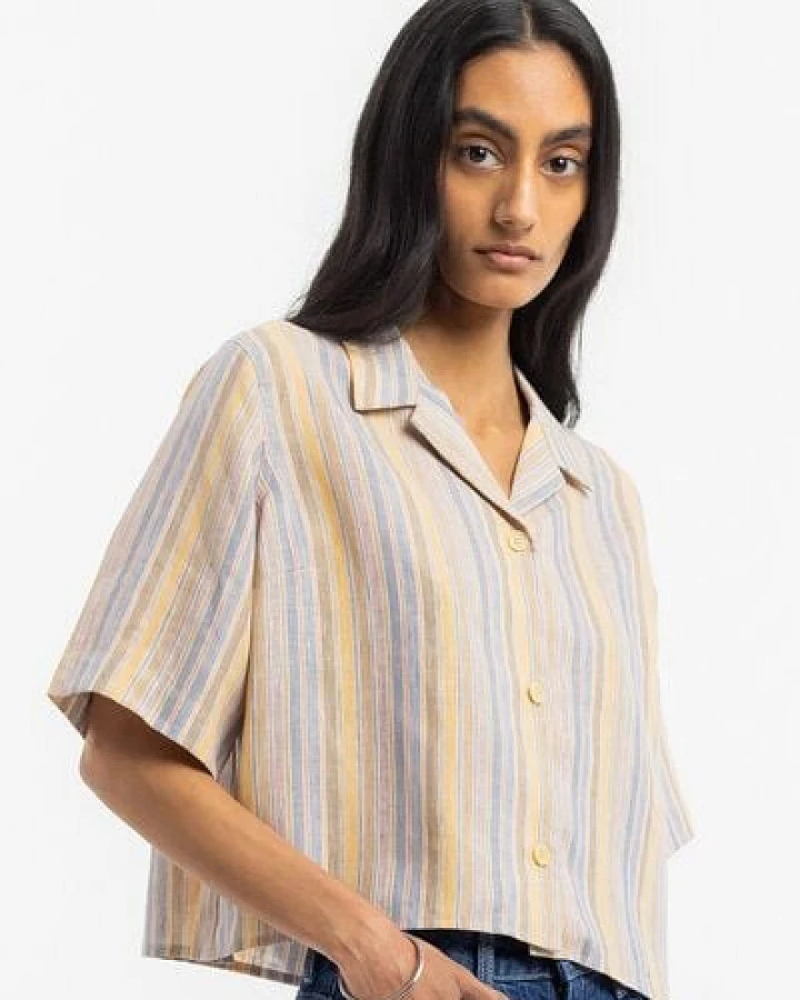 Rotholz Kurzes Bowling Shirt Leinen Mix - Gestreift