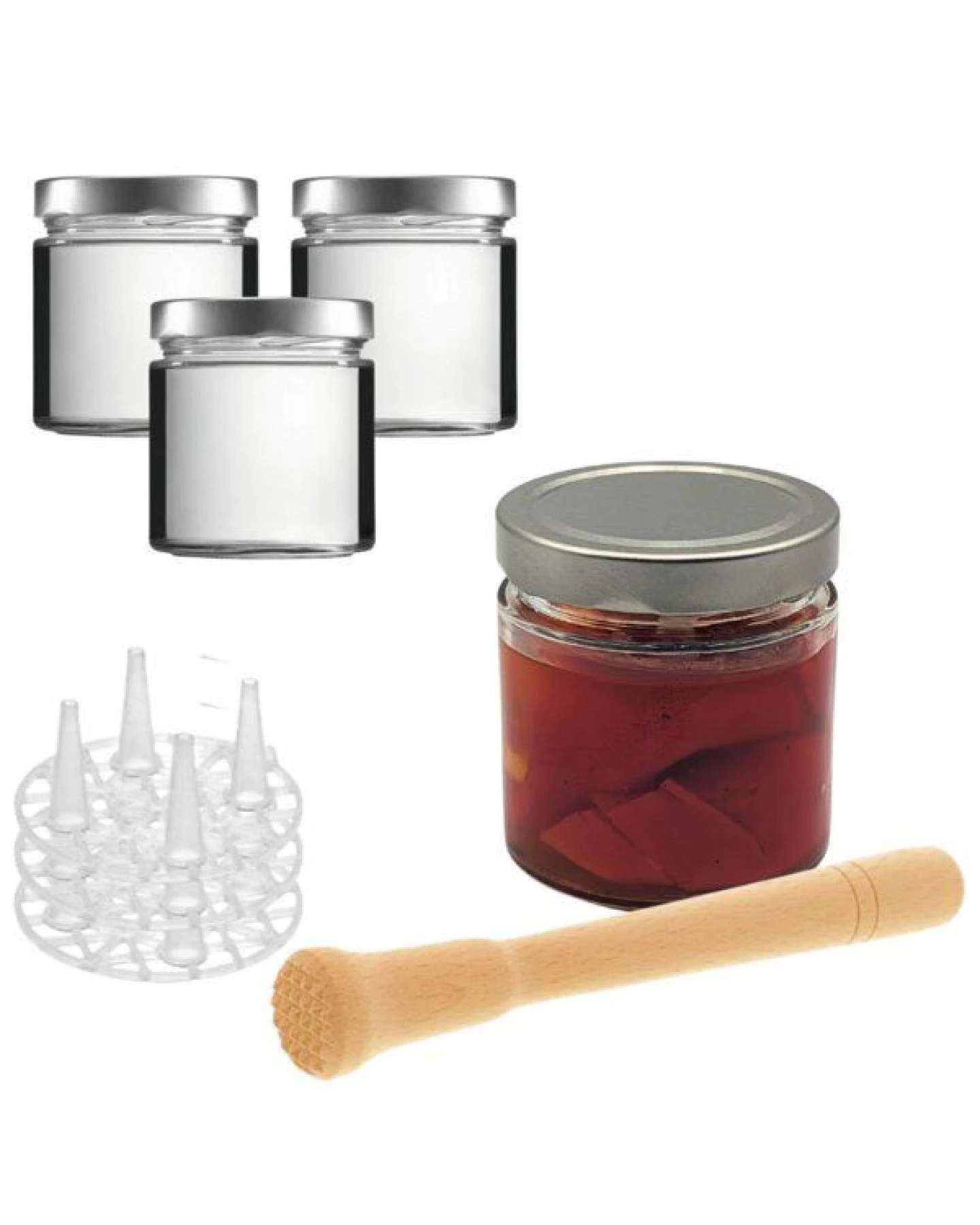mikken Fermentier Set - 4 Fermentiergläser 410 ml mit Fermentier Gitter, Holzstößel und Deckel (PVC-frei) – Ansicht 2