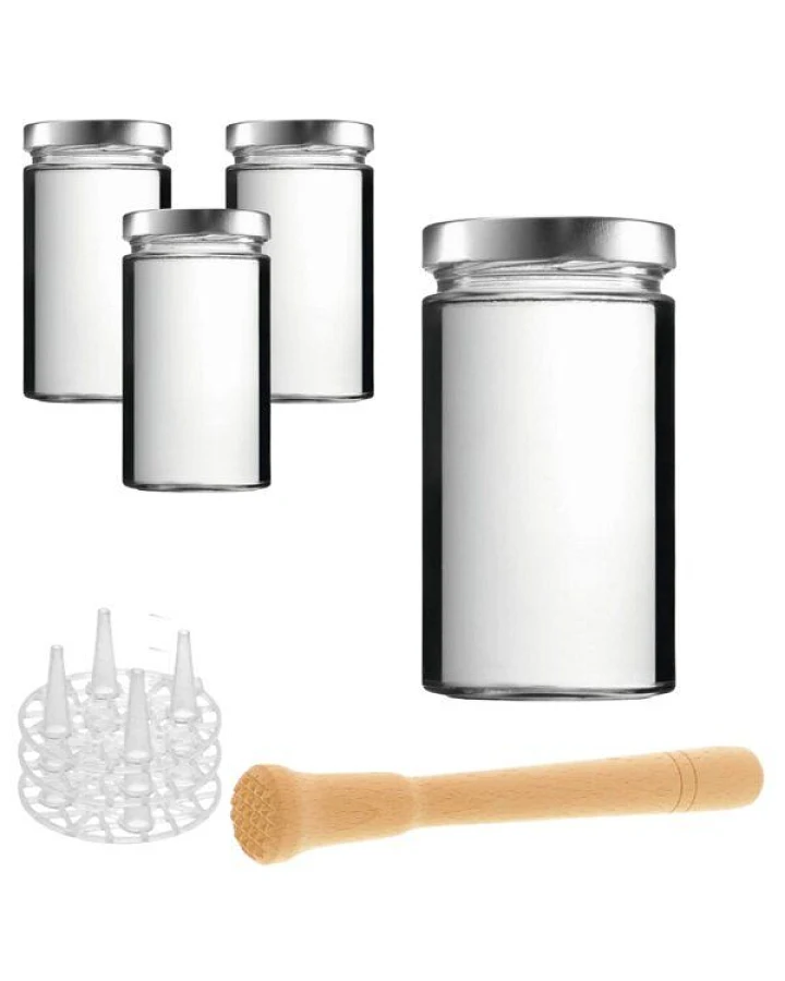 mikken Fermentier Set - 4 Fermentiergläser 720 ml mit Fermentier Gitter, Holzstößel und Deckel (PVC-frei)