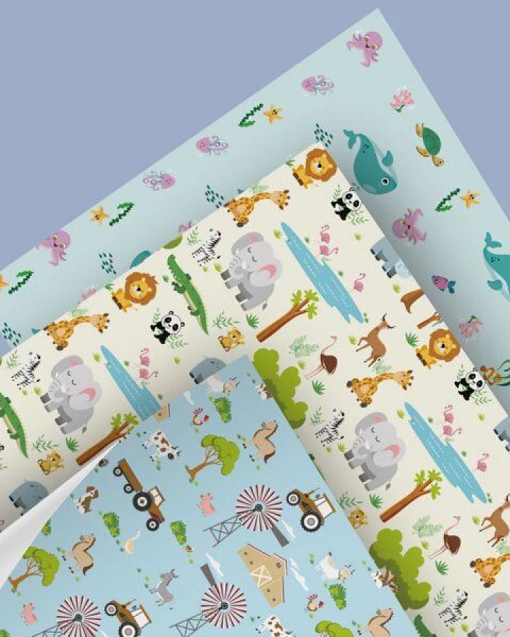 Fines Papeterie 3x 3m Geschenkpapier Set für Kinder * SET 2 mit Meer, Bauernhof und Safari Motiven * 3 Rollen je 300x47 cm *
