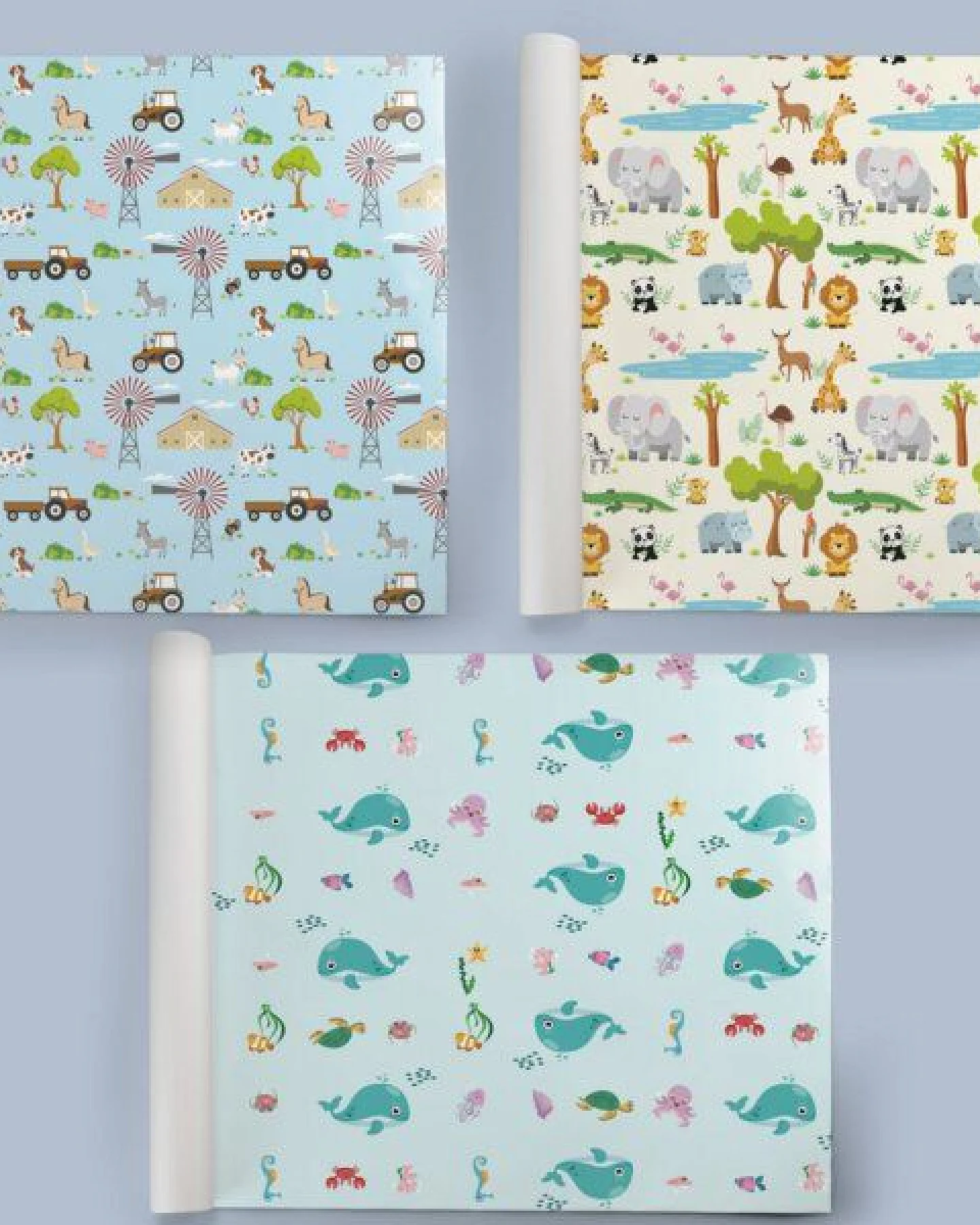 Fines Papeterie 3x 3m Geschenkpapier Set für Kinder * SET 2 mit Meer, Bauernhof und Safari Motiven * 3 Rollen je 300x47 cm * – Ansicht 2