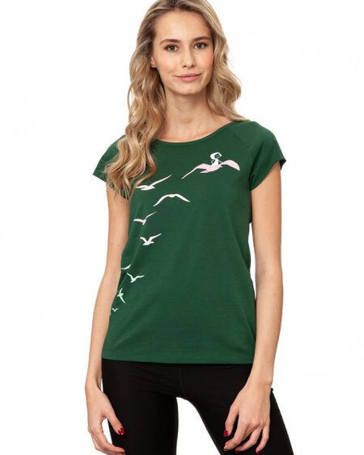 FellHerz Damen T-Shirt Möwenflug scarabgreen bio & fair & vegan