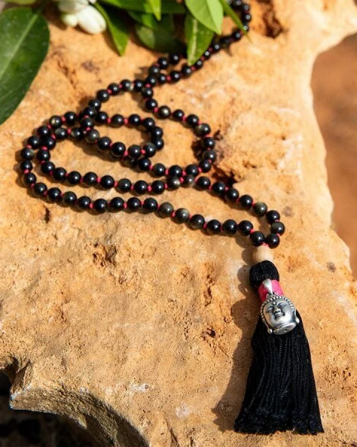 Divasya Mala Kette "Protection"| geknotet aus schwarzen Obsidian-Perlen
