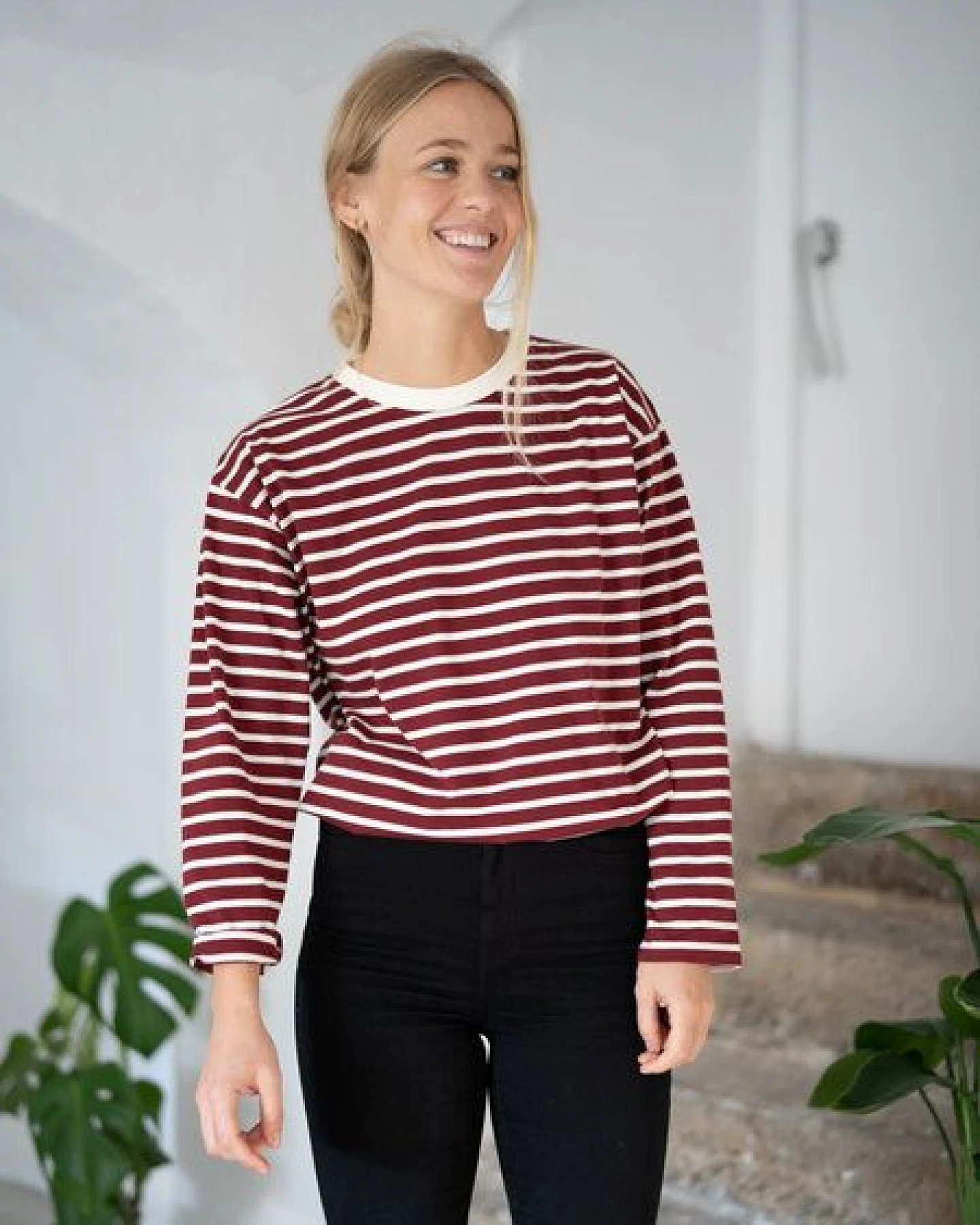 FUXBAU Frauen Streifen Longsleeve - creme grün, bordeaux, blau oder senf – Ansicht 3