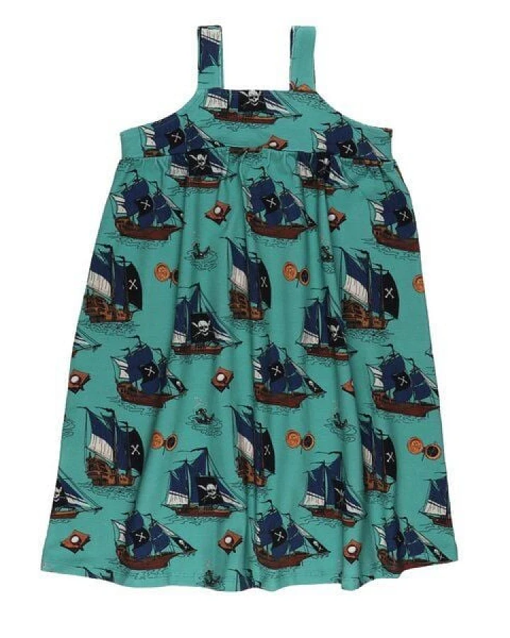 Kinder Trägerkleid GOTS zertifiziert, 95% Bio-Baumwolle, grün, Piratenschiff-Muster, leicht & bequem – Walkiddy