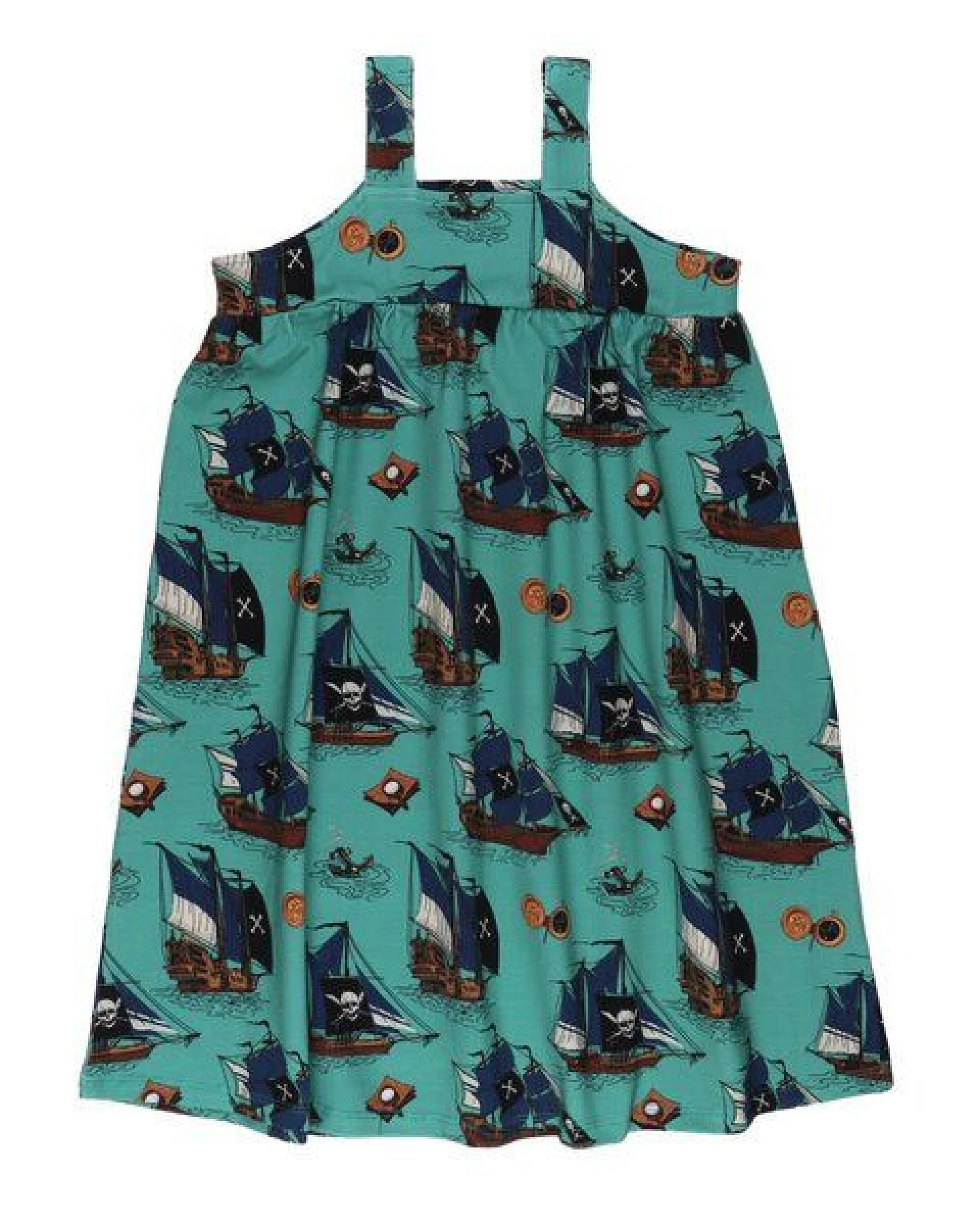 Kinder Trägerkleid GOTS zertifiziert, 95% Bio-Baumwolle, grün, Piratenschiff-Muster, leicht & bequem – Walkiddy – Ansicht 3