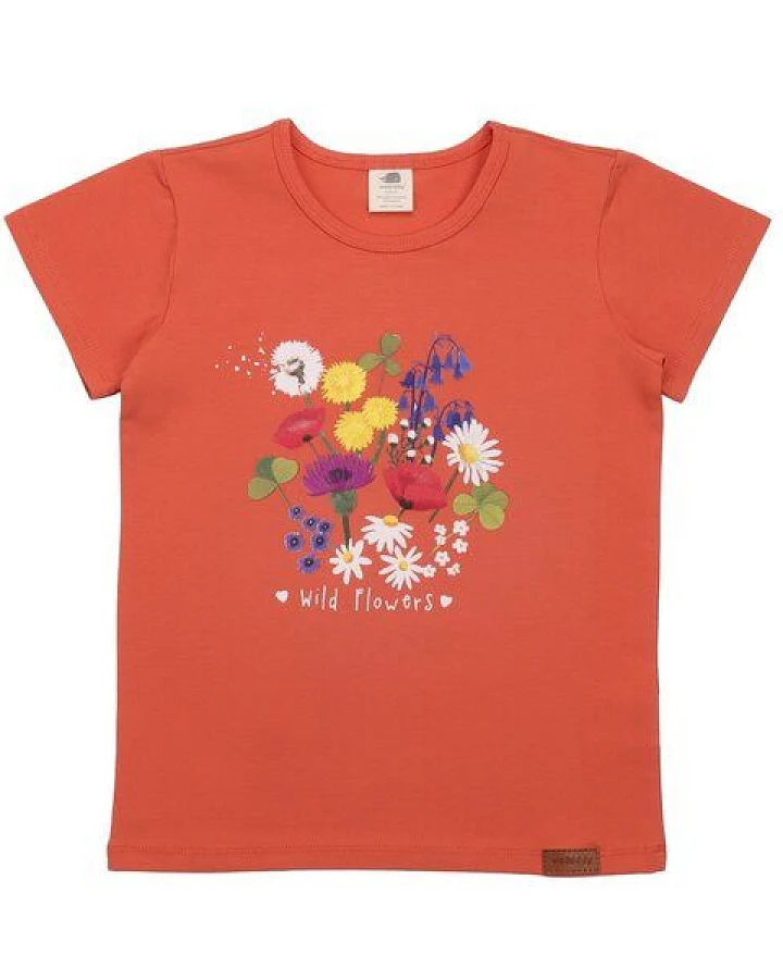 Kinder T-Shirt GOTS-zertifiziert aus Bio-Baumwolle, orange mit Wild-Flowers-Motiv, kurzarm – Walkiddy, weich & hautfreundlich