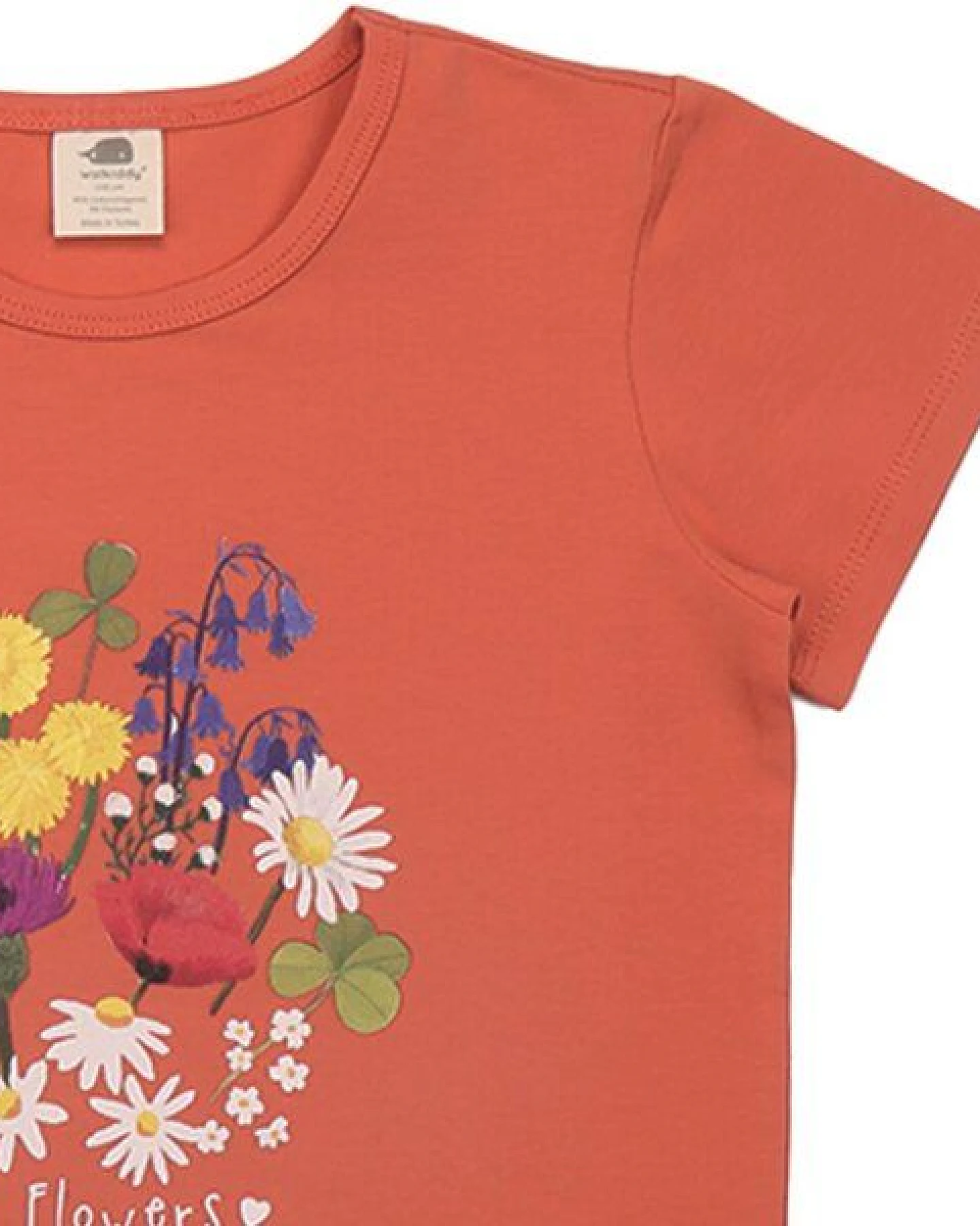 Kinder T-Shirt GOTS-zertifiziert aus Bio-Baumwolle, orange mit Wild-Flowers-Motiv, kurzarm – Walkiddy, weich & hautfreundlich – Ansicht 3