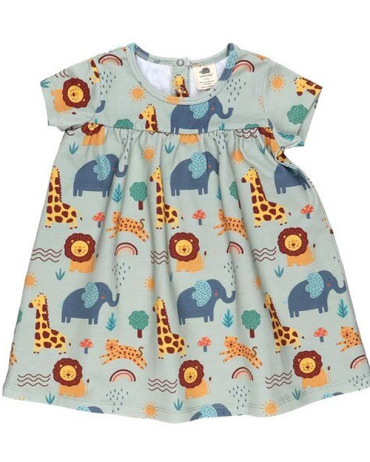Baby Kleid GOTS zertifiziert, Bio-Baumwolle, hellgrün, Safari-Muster, Kurzarm, leicht & weich – Walkiddy