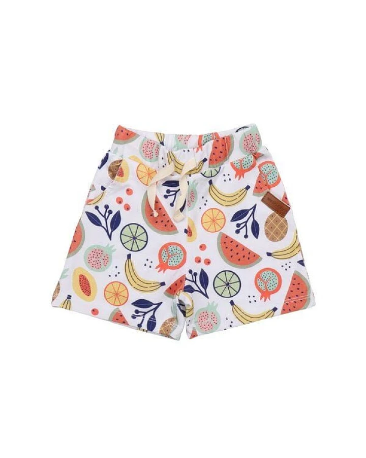 Kinder Shorts GOTS zertifiziert – Mehrfarbiges Früchtemuster, Bund mit Kordel, weich & bequem