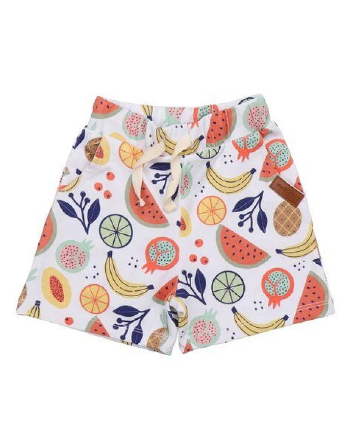 Kinder Shorts GOTS zertifiziert – Mehrfarbiges Früchtemuster, Bund mit Kordel, weich & bequem