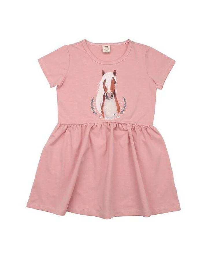 Kinder Kleid GOTS-zertifiziert aus Bio-Baumwolle, pink mit Little & Big Horses-Motiv, kurzarm, schwingender Rock – Walkiddy