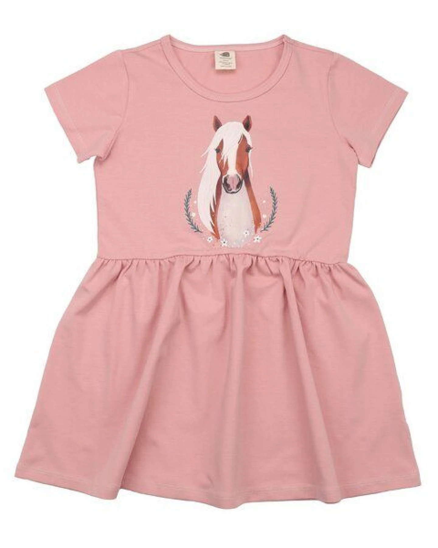 Kinder Kleid GOTS-zertifiziert aus Bio-Baumwolle, pink mit Little & Big Horses-Motiv, kurzarm, schwingender Rock – Walkiddy – Ansicht 2