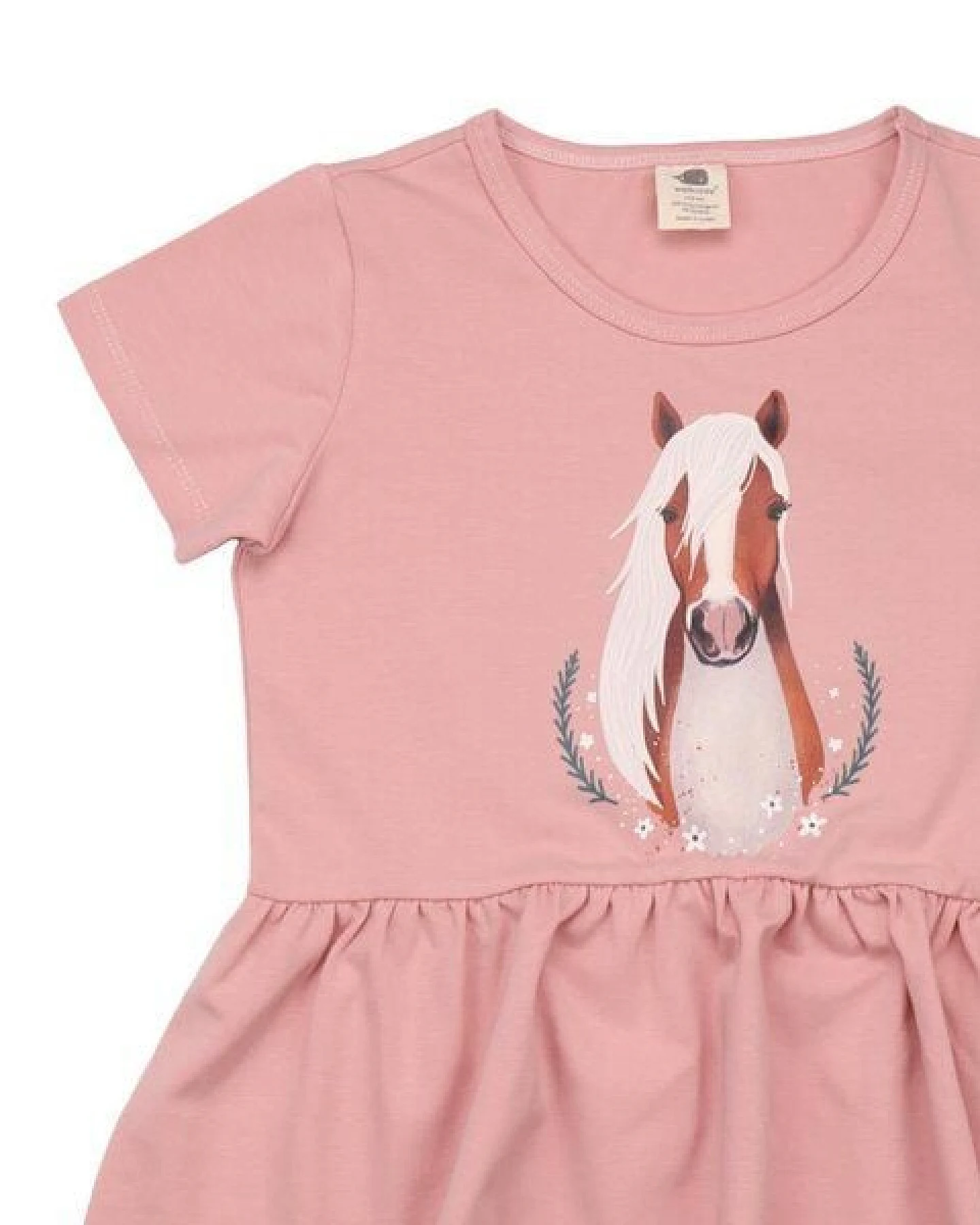 Kinder Kleid GOTS-zertifiziert aus Bio-Baumwolle, pink mit Little & Big Horses-Motiv, kurzarm, schwingender Rock – Walkiddy – Ansicht 4