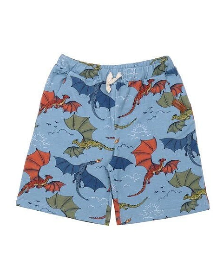Kinder Shorts GOTS zertifiziert, blau, Drachen-Allover „Colorful Dragons“, weich & bequem – Walkiddy