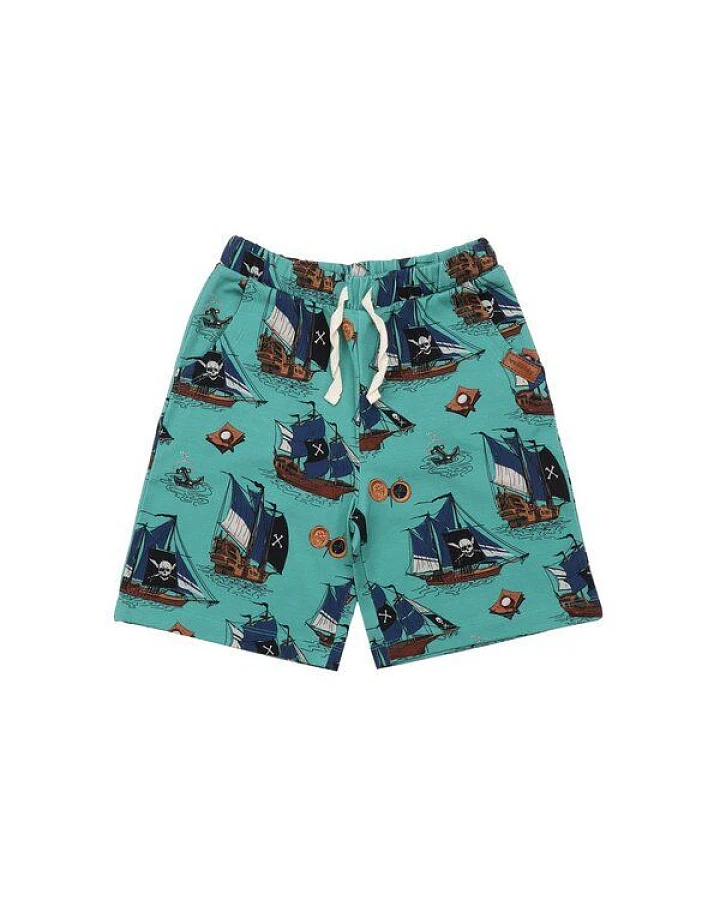 Baby Shorts GOTS zertifiziert – Bio-Baumwolle, Grün mit Piratenschiff-Motiv, elastischer Bund mit Kordel, bequem