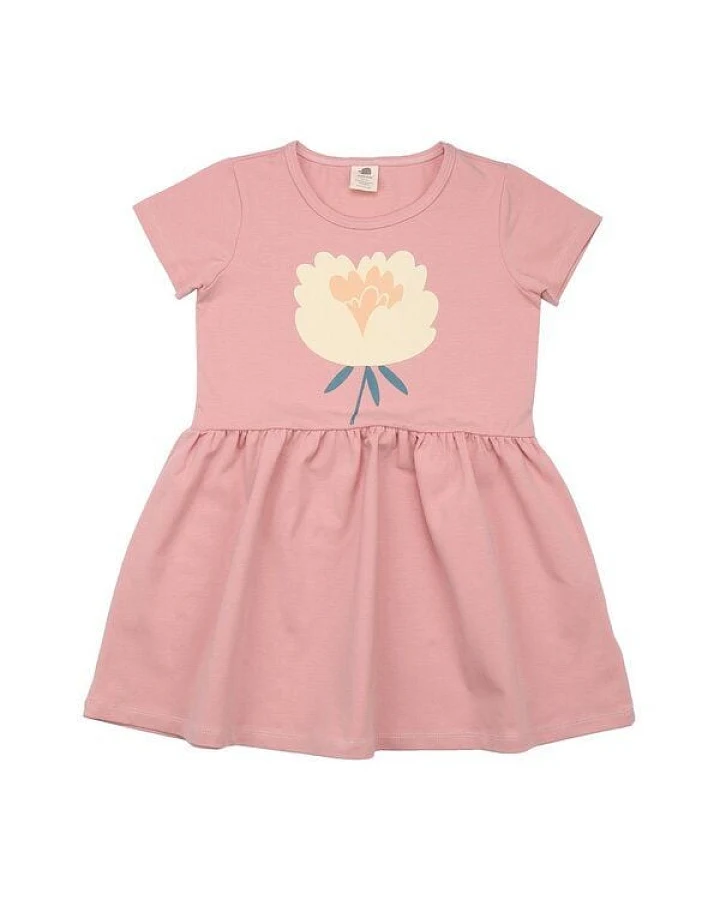 Kinder Kleid GOTS zertifiziert – Rosa mit Blumenmotiv, Kurzarm, weich & bequem