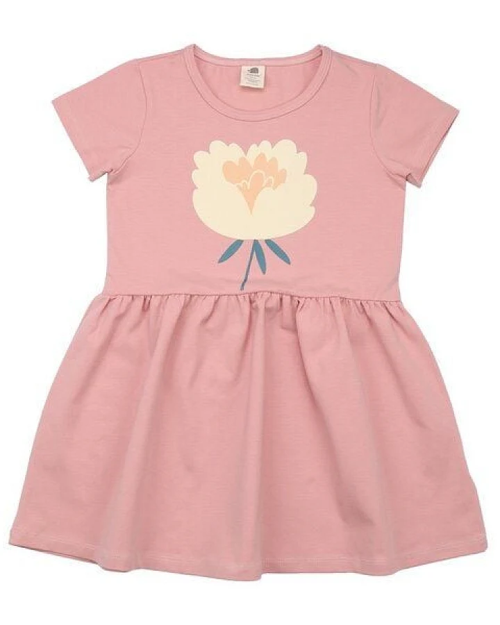 Kinder Kleid GOTS zertifiziert – Rosa mit Blumenmotiv, Kurzarm, weich & bequem