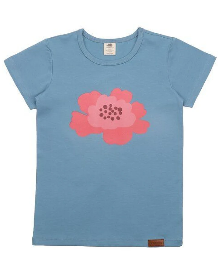 Kinder T-Shirt GOTS-zertifiziert aus Bio-Baumwolle hellblau mit Blumenmotiv – Walkiddy