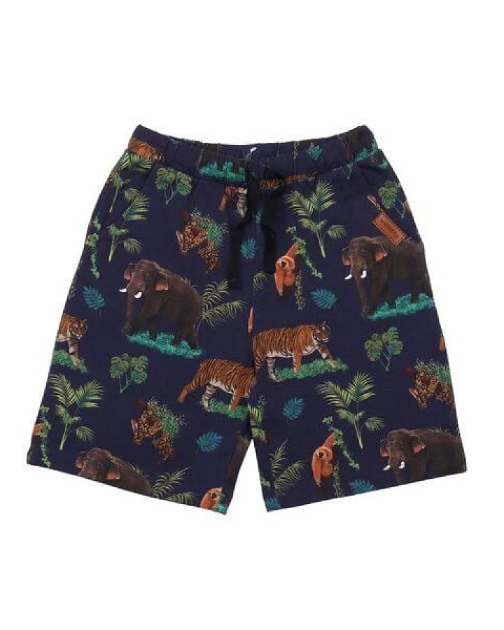 Kinder Shorts GOTS zertifiziert – Bio-Baumwolle, Dunkelblau mit tropischem Muster, elastischer Bund, leicht & bequem