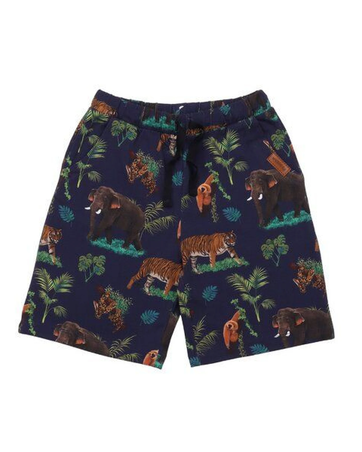 Kinder Shorts GOTS zertifiziert – Bio-Baumwolle, Dunkelblau mit tropischem Muster, elastischer Bund, leicht & bequem – Ansicht 2