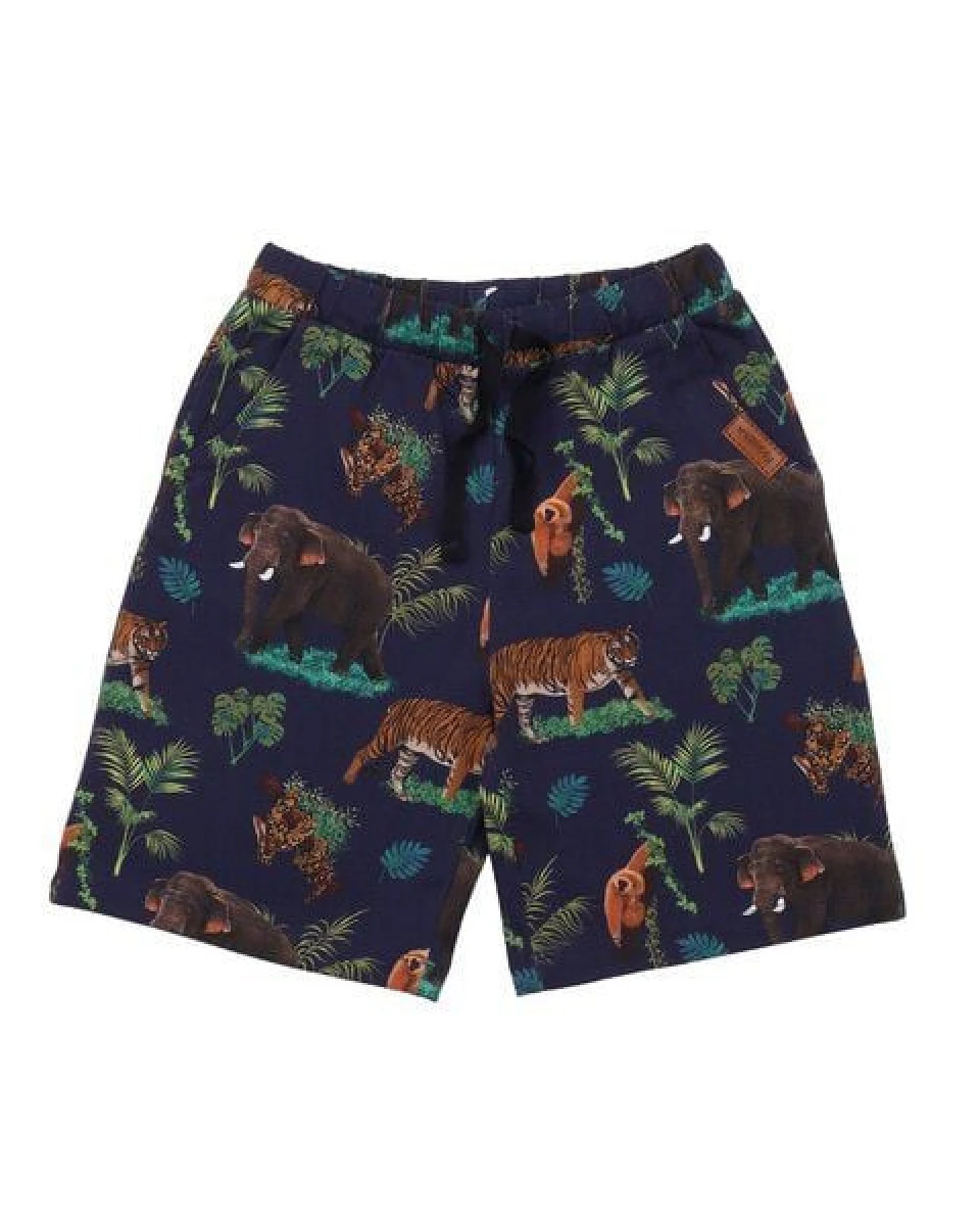 Kinder Shorts GOTS zertifiziert – Bio-Baumwolle, Dunkelblau mit tropischem Muster, elastischer Bund, leicht & bequem – Ansicht 2