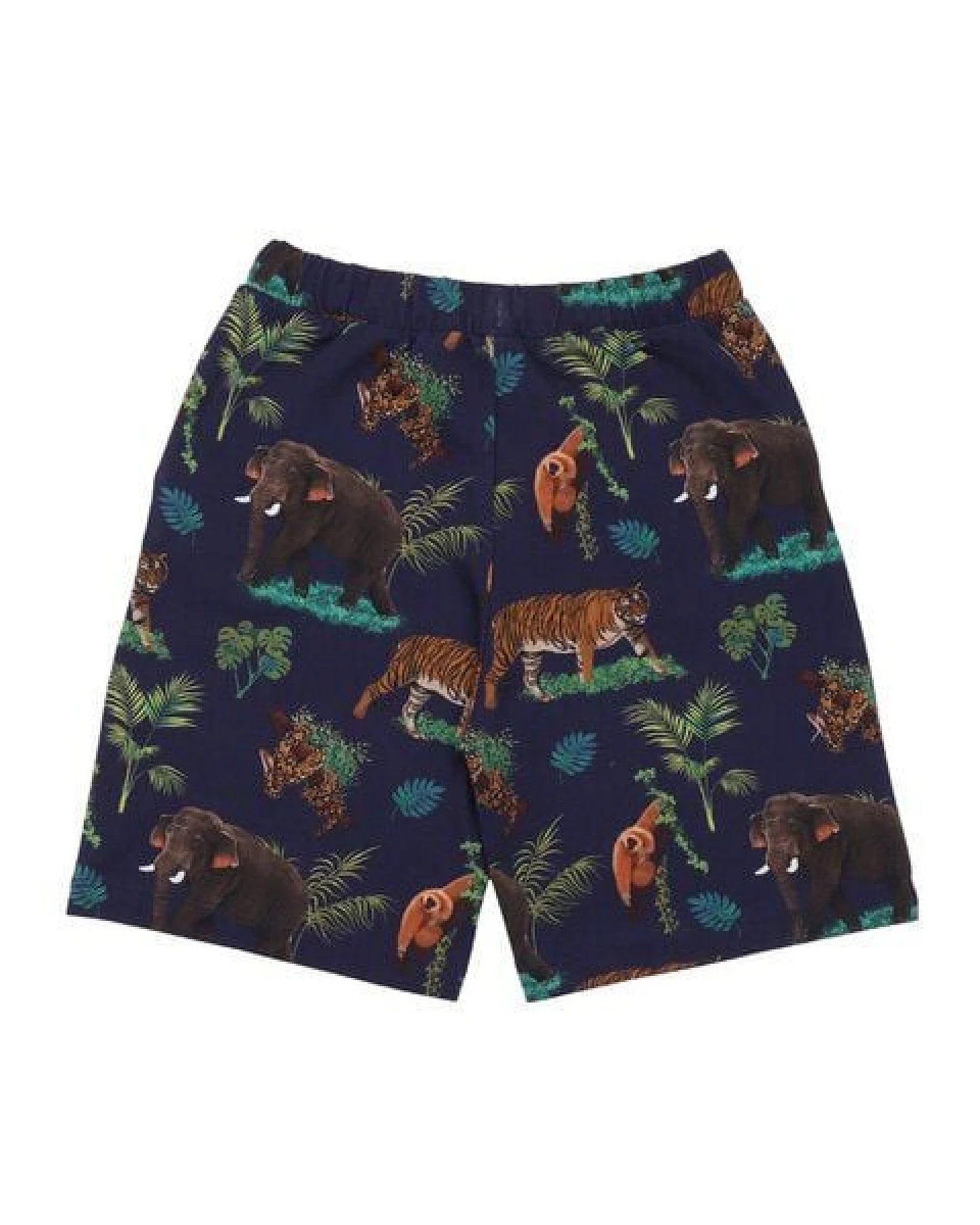 Kinder Shorts GOTS zertifiziert – Bio-Baumwolle, Dunkelblau mit tropischem Muster, elastischer Bund, leicht & bequem – Ansicht 3
