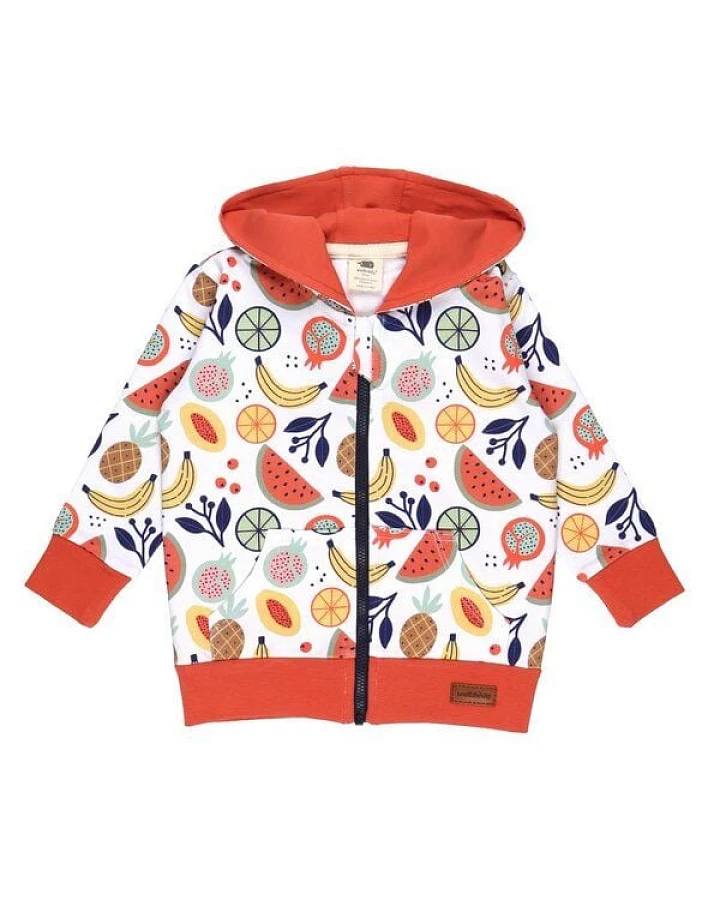 Kinder Sweatjacke GOTS-zertifiziert aus Bio-Baumwolle, Cheerful Fruits, bunt mit Kapuze & Reißverschluss – Walkiddy, weicher Alltagsbegleiter