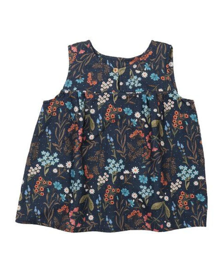 Mädchen Blusentop GOTS zertifiziert, blau, „Floral Night“ Blumen-Allover, ärmellos, weich – Walkiddy
