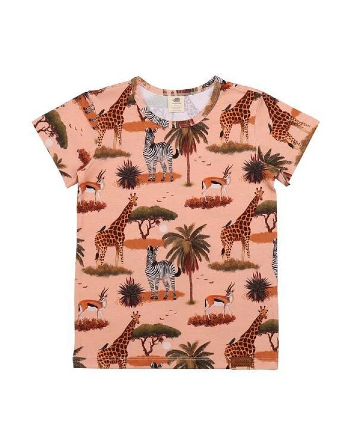 Kinder T-Shirt GOTS-zertifiziert aus Bio-Baumwolle orange mit African-Savanna-Motiv – Walkiddy