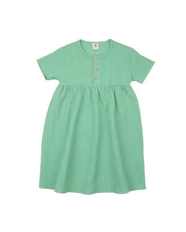 Kinder Kleid GOTS-zertifiziert aus Bio-Baumwolle, grün „Raspberries“, kurzarm, weich fallender Rock – Walkiddy, bequem für Alltag & Feste
