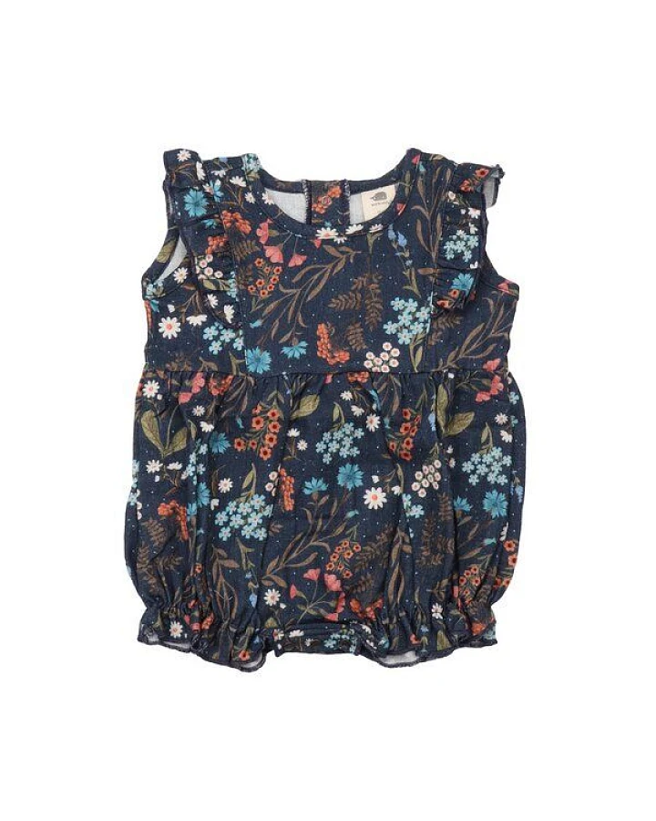 Baby Romper GOTS zertifiziert, blau, „Floral Night“ Blumen-Allover, ärmellos, weich – Walkiddy