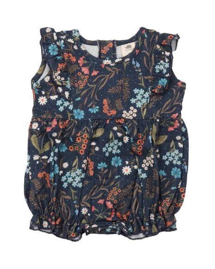 Baby Romper GOTS zertifiziert, blau, „Floral Night“ Blumen-Allover, ärmellos, weich – Walkiddy