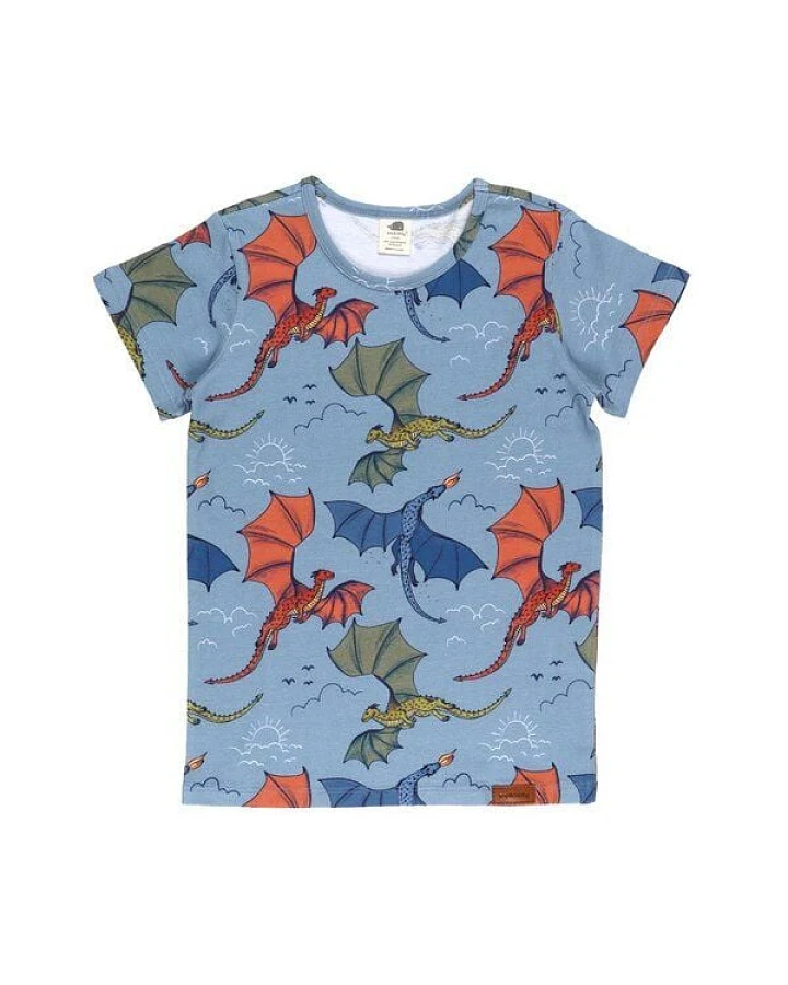 Kinder T-Shirt GOTS zertifiziert Bio-Baumwolle, Hellblau, Drachen-Muster, Walkiddy