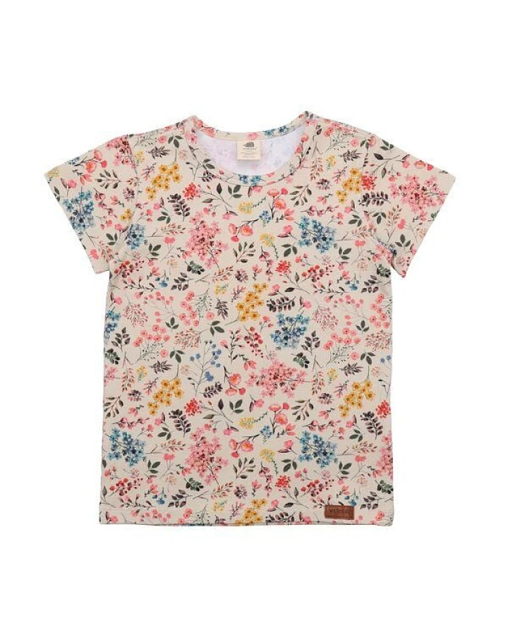 Kinder T-Shirt GOTS zertifiziert – Creme mit buntem Blumenmuster, Kurzarm, weich & bequem