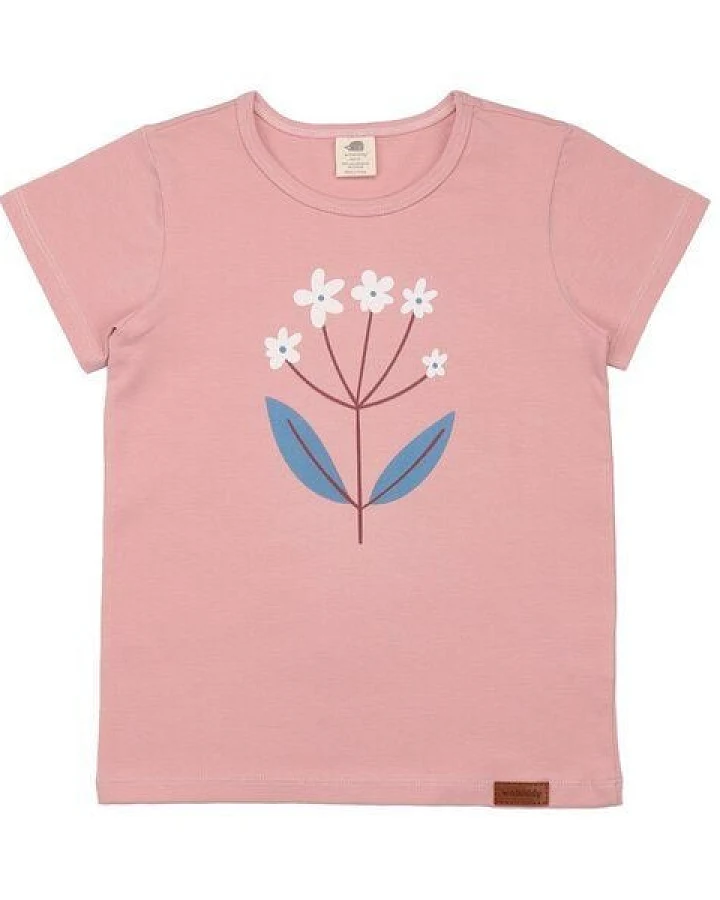 Kinder T-Shirt GOTS zertifiziert – Bio-Baumwolle, Rosa mit kleinem Blumenmotiv, Kurzarm, weich