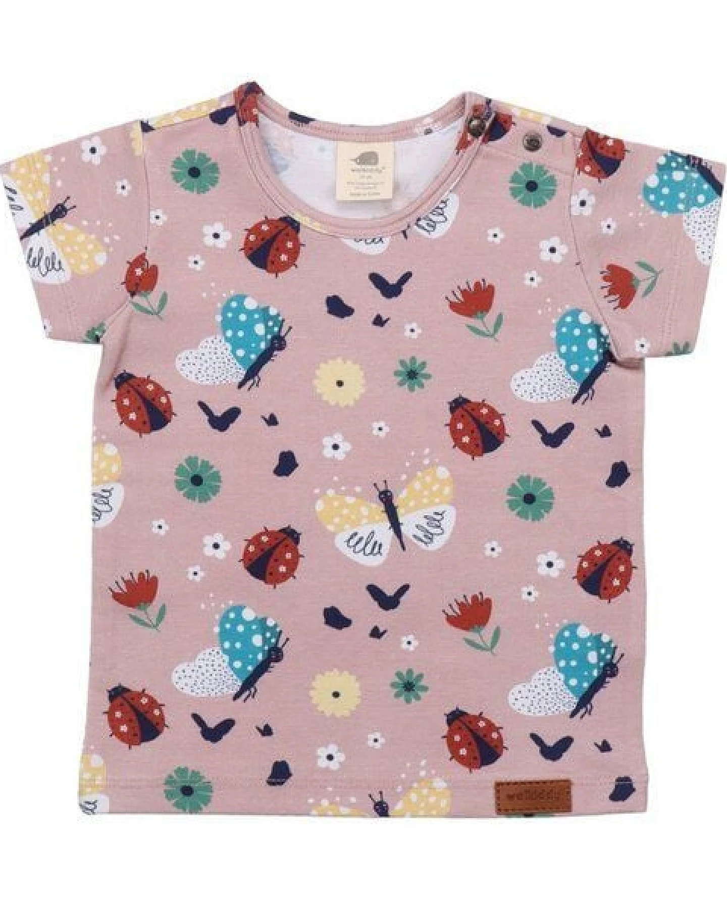 Kinder T-Shirt GOTS zertifiziert – Rosa mit Marienkäfer- und Schmetterlingsmotiv, Kurzarm – Ansicht 2
