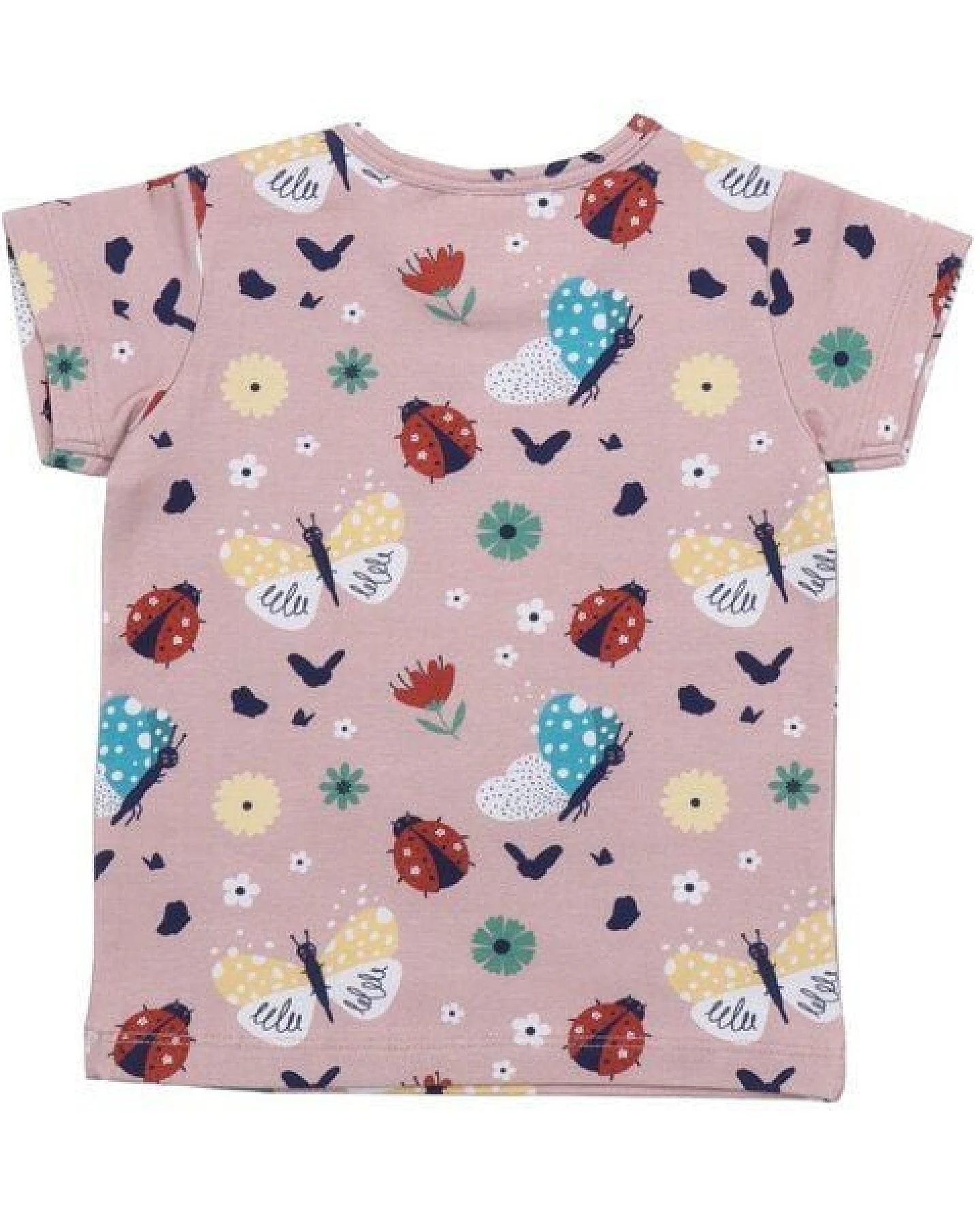 Kinder T-Shirt GOTS zertifiziert – Rosa mit Marienkäfer- und Schmetterlingsmotiv, Kurzarm – Ansicht 3