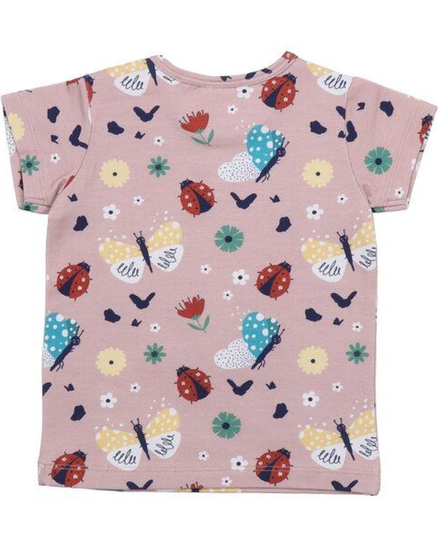 Kinder T-Shirt GOTS zertifiziert – Rosa mit Marienkäfer- und Schmetterlingsmotiv, Kurzarm – Ansicht 3
