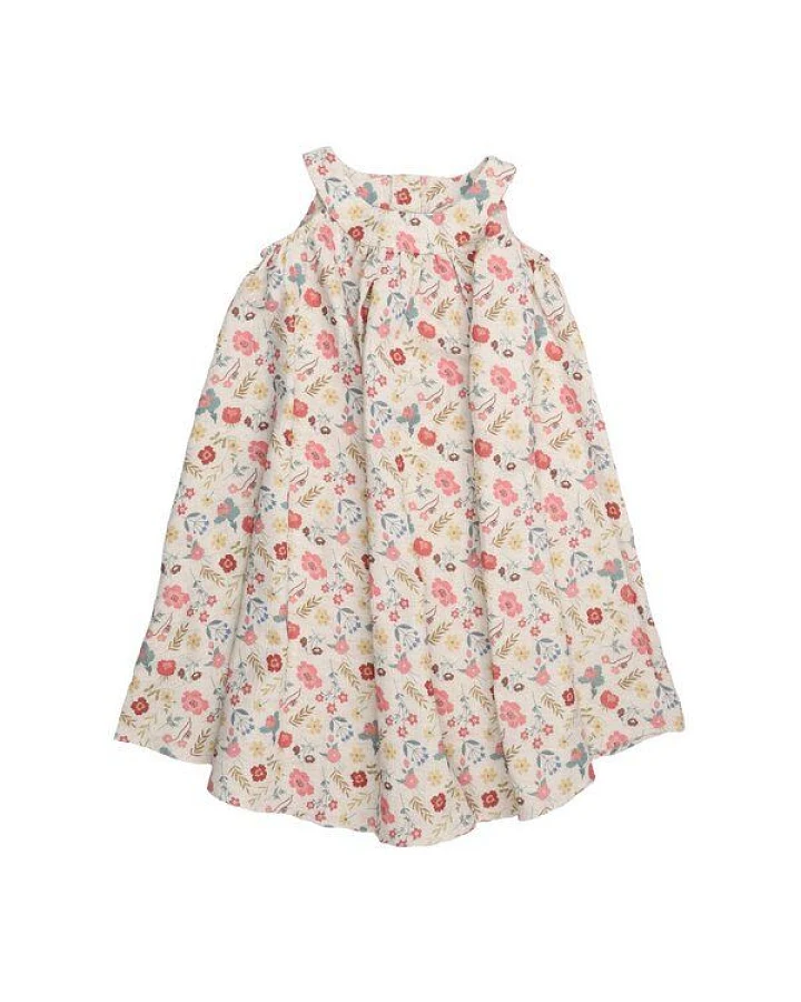 Kinder Kleid GOTS zertifiziert – Bio-Baumwolle, Creme mit Blumen- und Blättermuster, langärmelig, weich & bequem