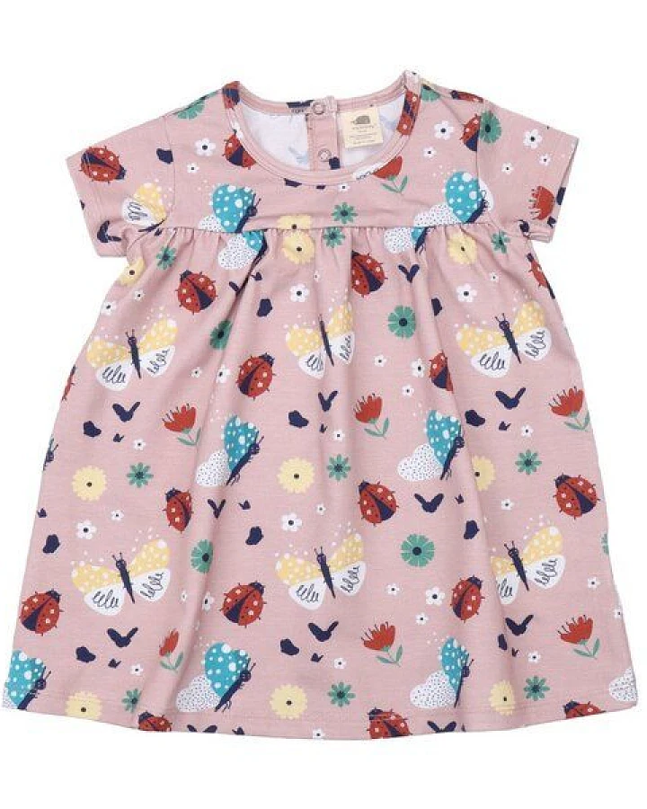 Baby-Babydoll-Kleid GOTS zertifiziert – Pink mit Marienkäfer- & Schmetterlingsmuster