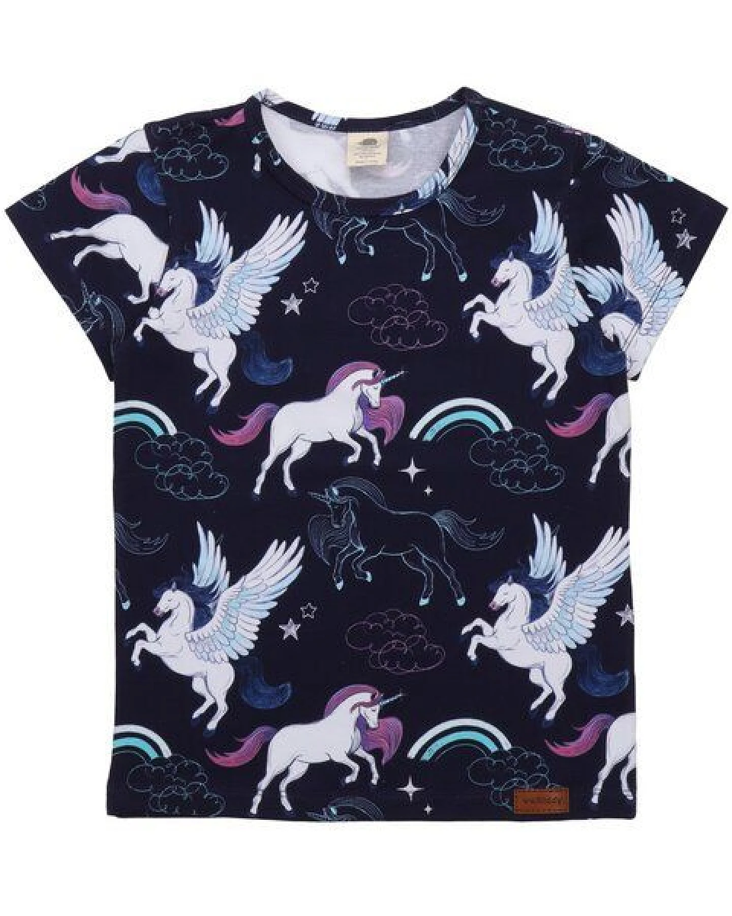 Kinder T-Shirt GOTS zertifiziert, 95% Bio-Baumwolle, dunkelblau, Einhorn-Pegasus-Muster, weich – Walkiddy – Ansicht 2