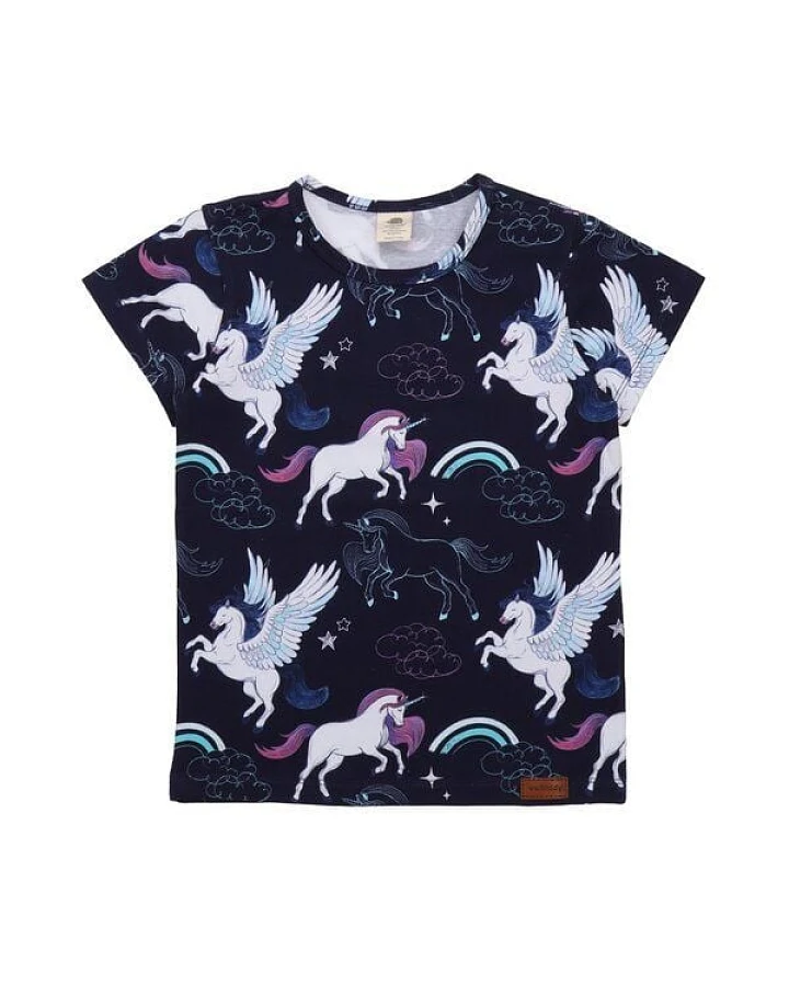 Kinder T-Shirt GOTS zertifiziert, 95% Bio-Baumwolle, dunkelblau, Einhorn-Pegasus-Muster, weich – Walkiddy