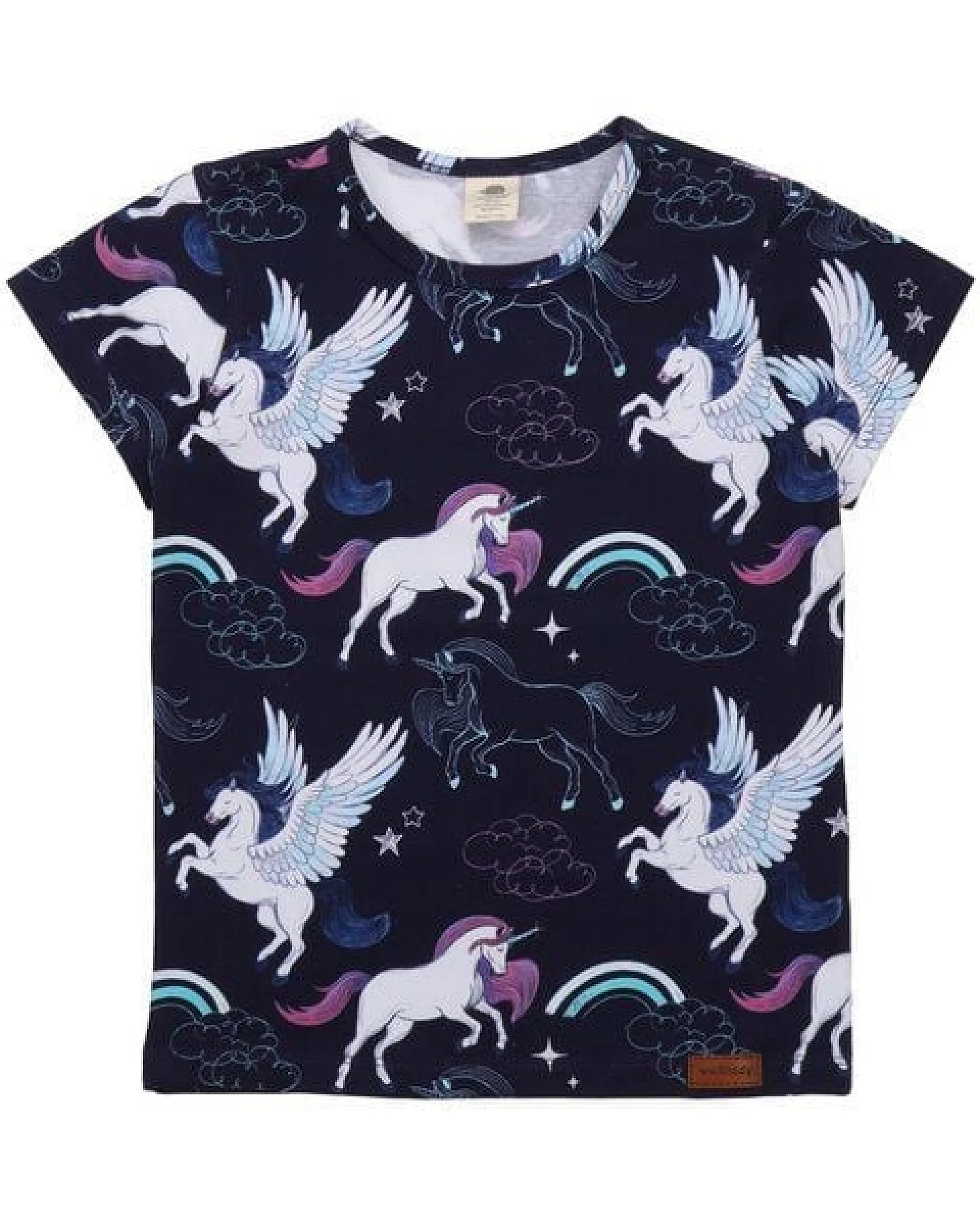 Kinder T-Shirt GOTS zertifiziert, 95% Bio-Baumwolle, dunkelblau, Einhorn-Pegasus-Muster, weich – Walkiddy – Ansicht 2